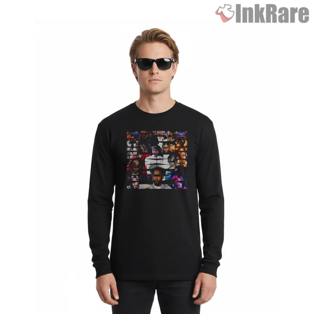 Kendrick Lamar Multicolor Collage Grid Portrait Shirt on black long sleeve shirt for men graphic tee
