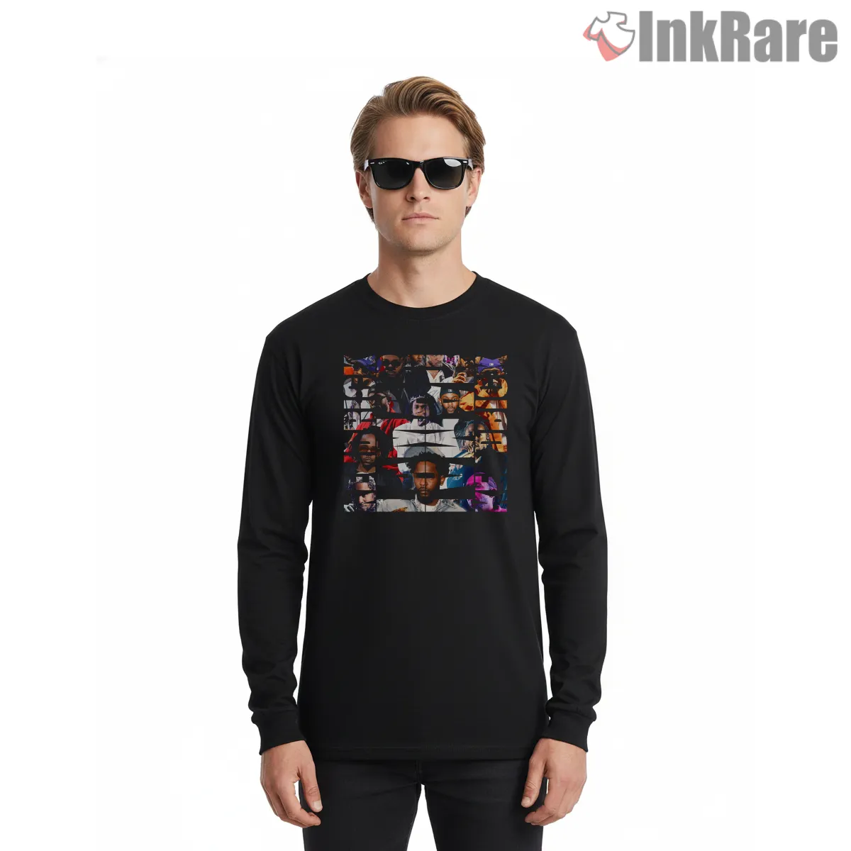 Kendrick Lamar Multicolor Collage Grid Portrait Long Sleeve Black Kendrick Lamar Multicolor Collage Grid Portrait Shirt on black long sleeve shirt for men graphic tee