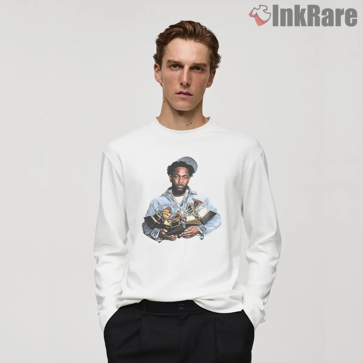 Kendrick Lamar Multiple Grammy Awards Denim Jacket Long Sleeve White Kendrick Lamar Multiple Grammy Awards Denim Jacket Shirt on white long sleeve shirt for men graphic tee