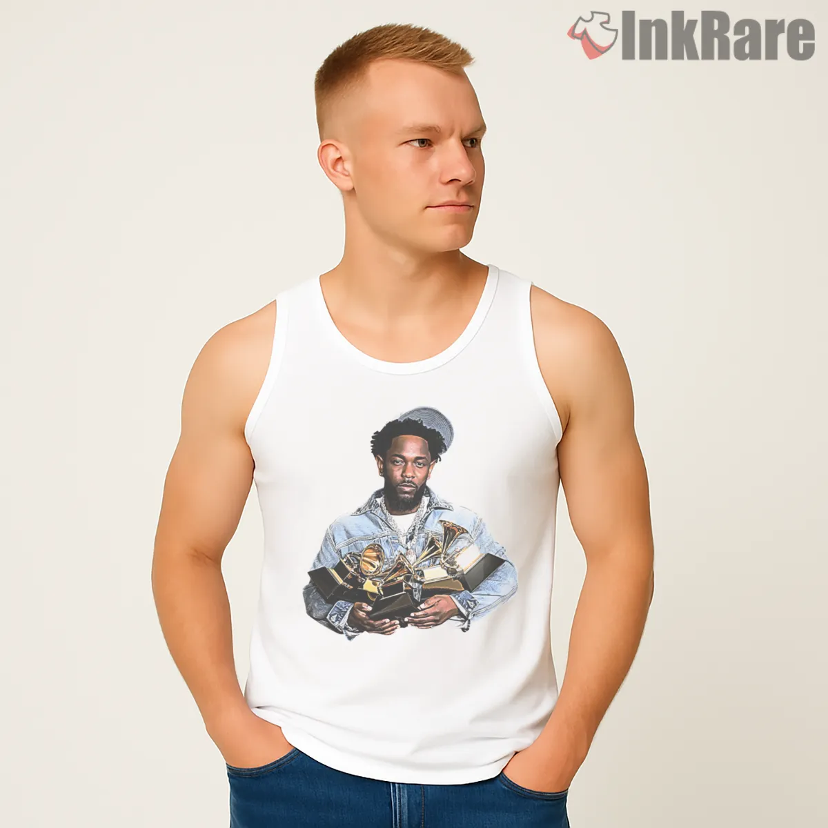 Kendrick Lamar Multiple Grammy Awards Denim Jacket Tank Top White Kendrick Lamar Multiple Grammy Awards Denim Jacket Shirt on white tank top for men graphic tee