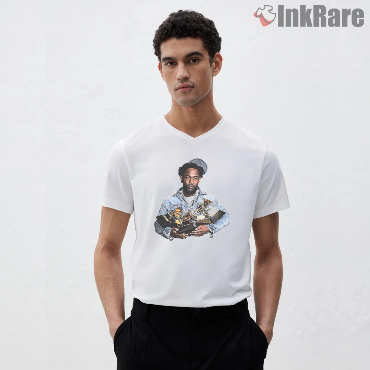Kendrick Lamar Multiple Grammy Awards Denim Jacket V Neck White Kendrick Lamar Multiple Grammy Awards Denim Jacket Shirt on white v-neck shirt for men graphic tee