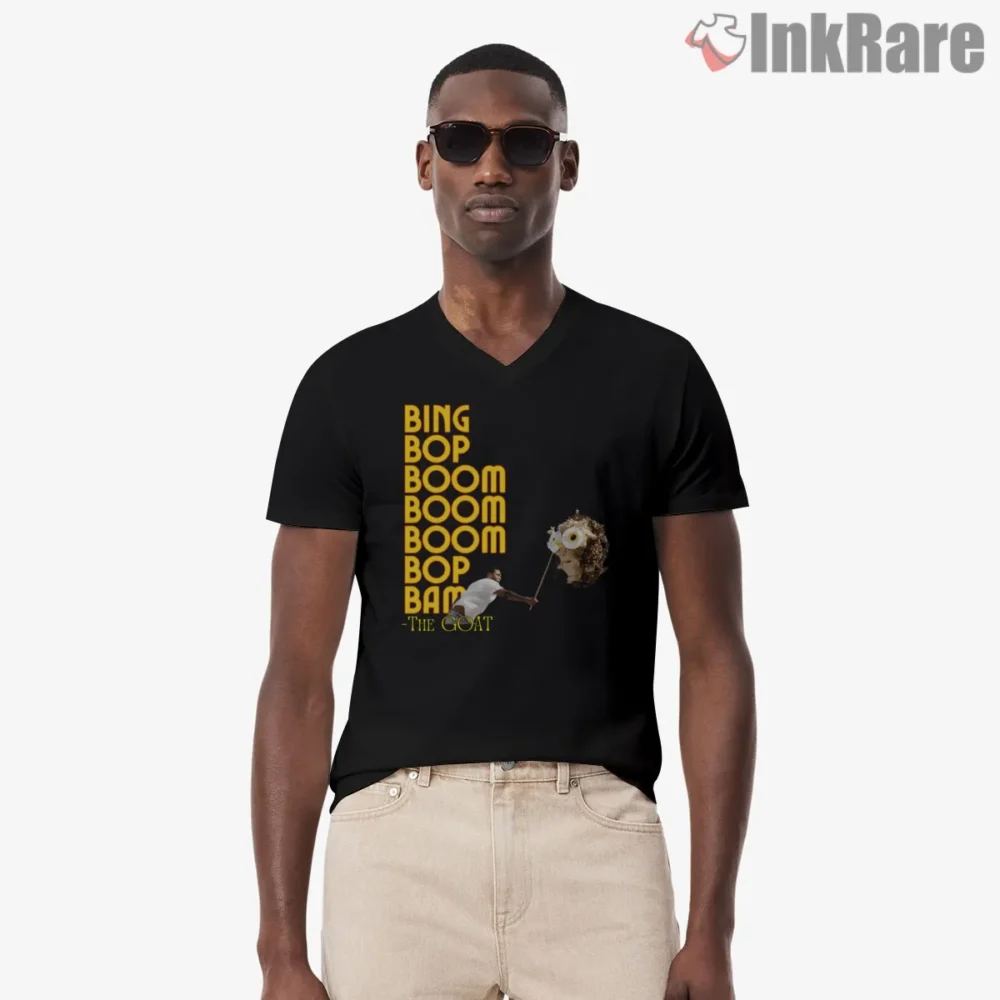 Kendrick Lamar Mustard Gnx Bing Bop Boom Goat Shirt on black v-neck shirt for men graphic tee