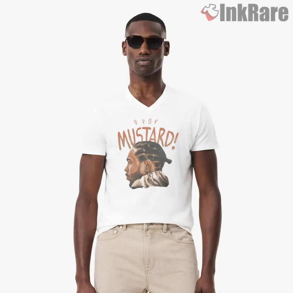 Kendrick Lamar Mustard Mgoat Side Profile Art Shirt on white v-neck shirt for men graphic tee