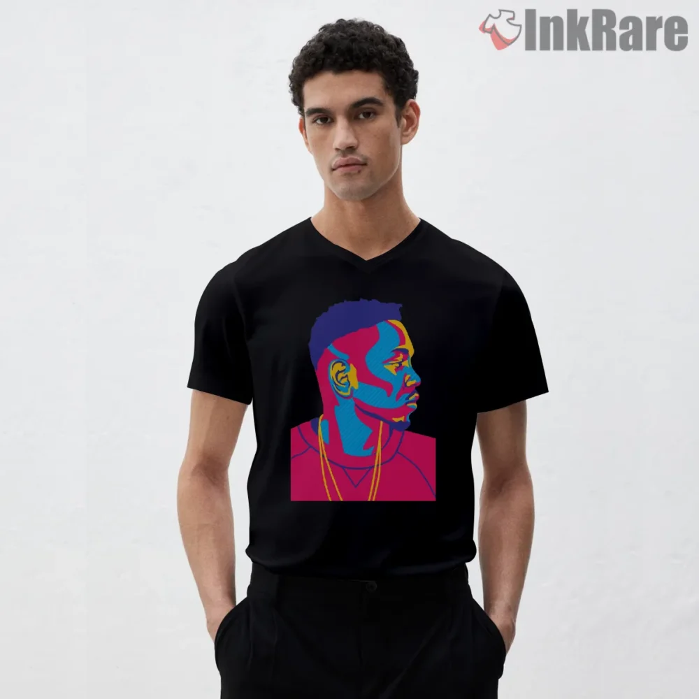 Kendrick Lamar Neon Cyan Magenta Hip Hop Pop Art Shirt on black v-neck shirt for men graphic tee