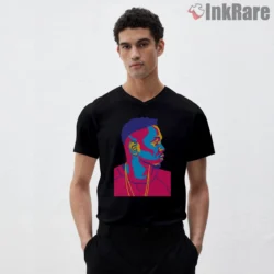 Kendrick Lamar Neon Cyan Magenta Hip Hop Pop Art Shirt on black v-neck shirt for men graphic tee