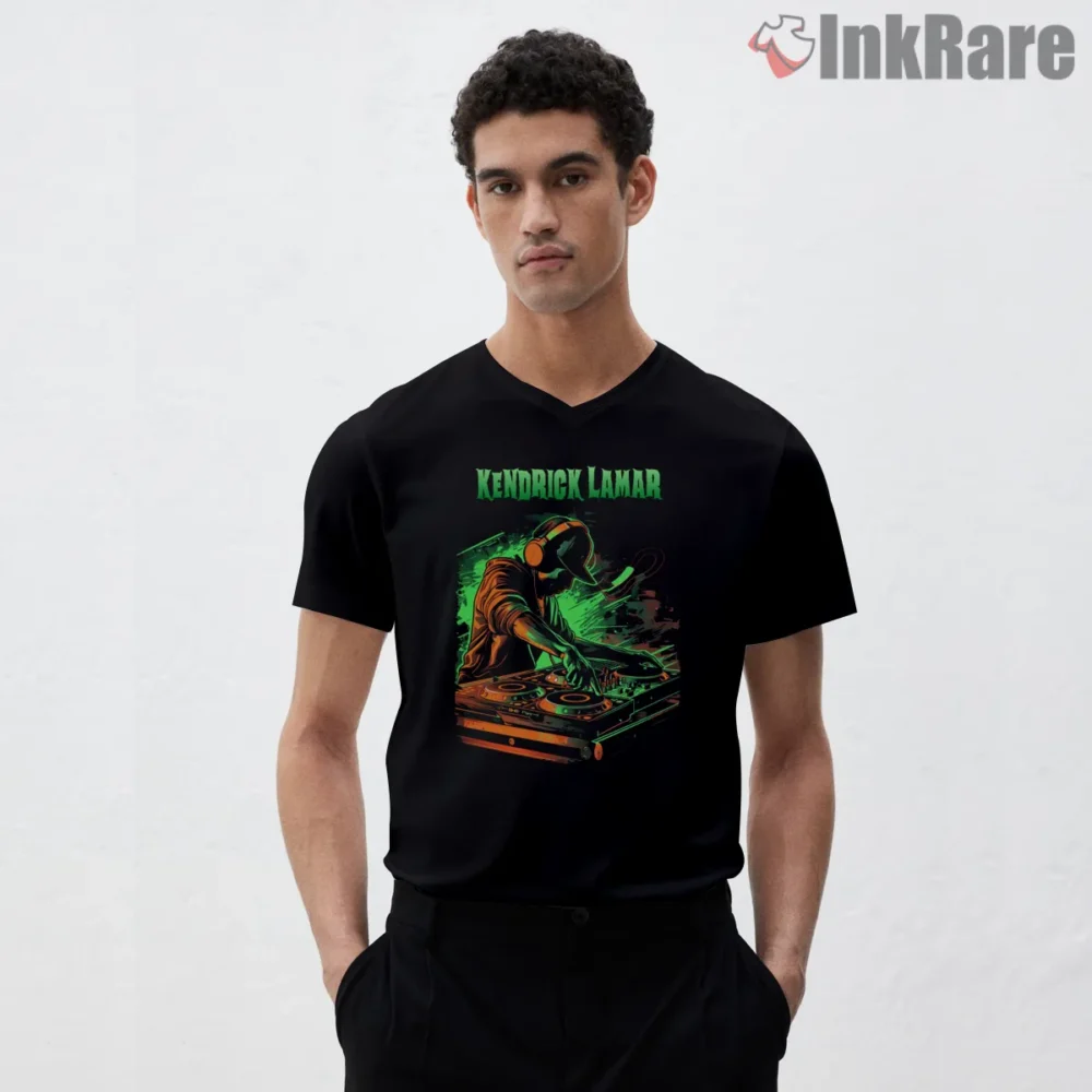 Kendrick Lamar Neon Dj Night Shirt on black v-neck shirt for men graphic tee