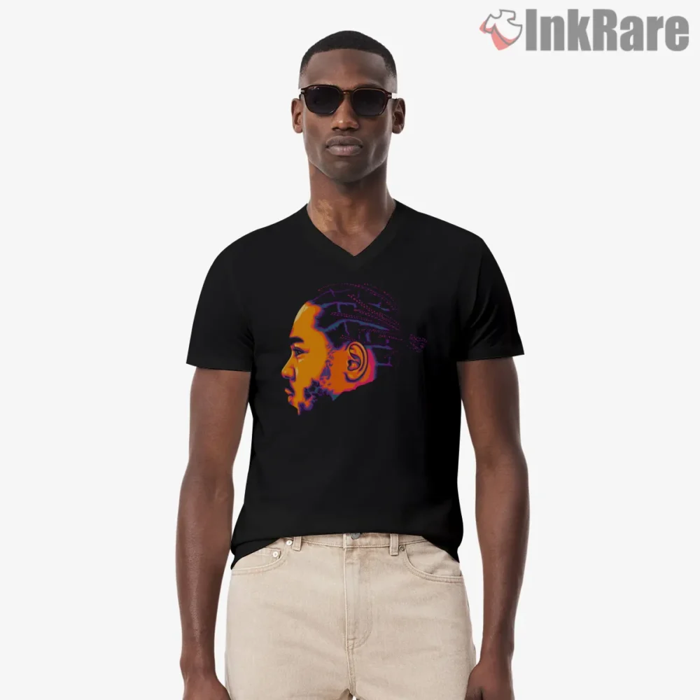 Kendrick Lamar Neon Side Profile Line Art Shirt on black v-neck shirt for men graphic tee