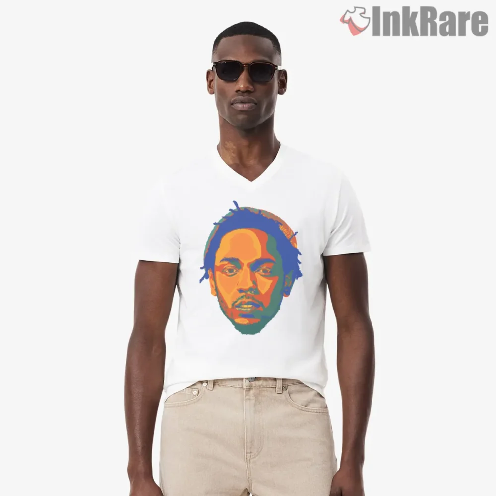 Kendrick Lamar Pop Art Neon Face Illustration Shirt on white v-neck shirt for men graphic tee