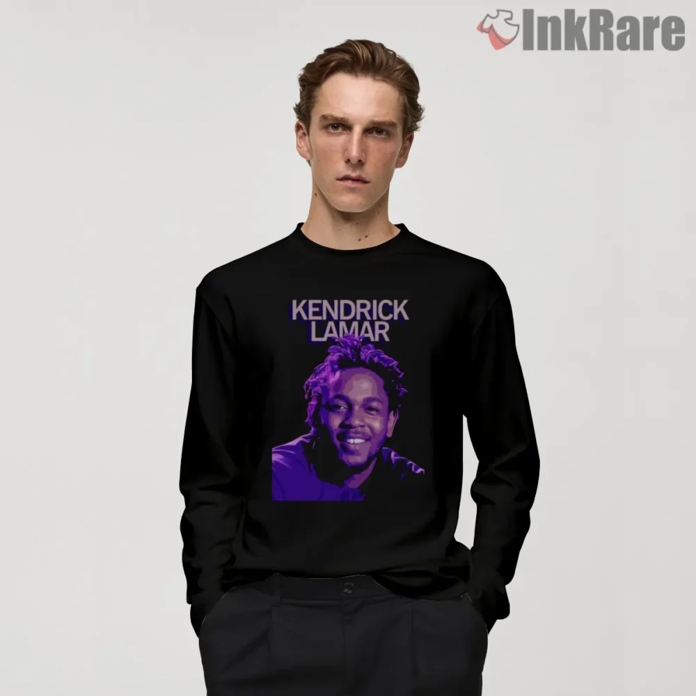 Kendrick Lamar Pop Art Neon Smile Portrait Duckworth Shirt on black long sleeve shirt for men graphic tee