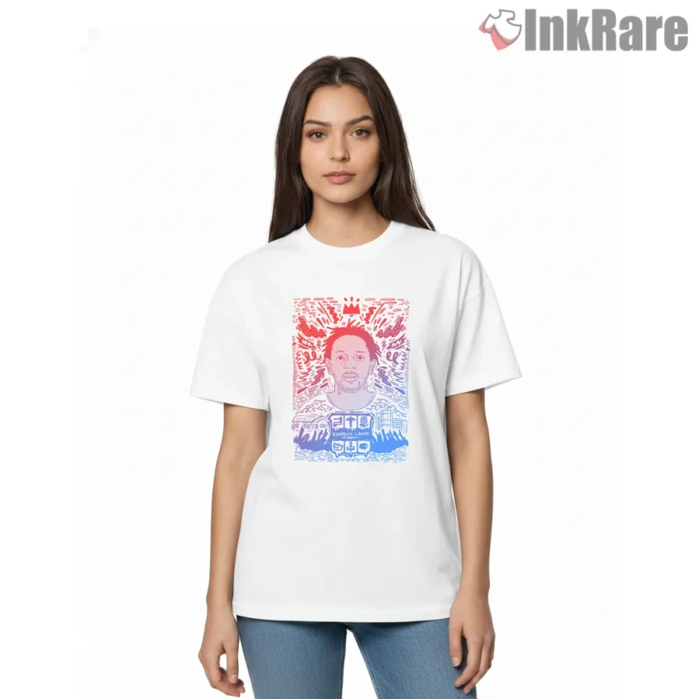 Kendrick Lamar Red And Blue Doodle Poster Art Shirt on white short sleeve shirt for women graphic tee