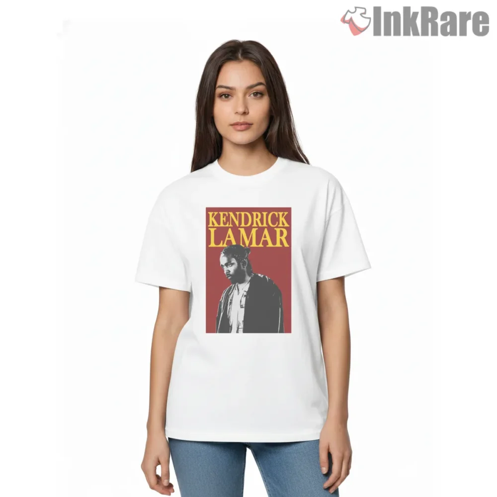 Kendrick Lamar Red Framed Vintage Portrait Graphic Shirt on white short sleeve shirt for women graphic tee