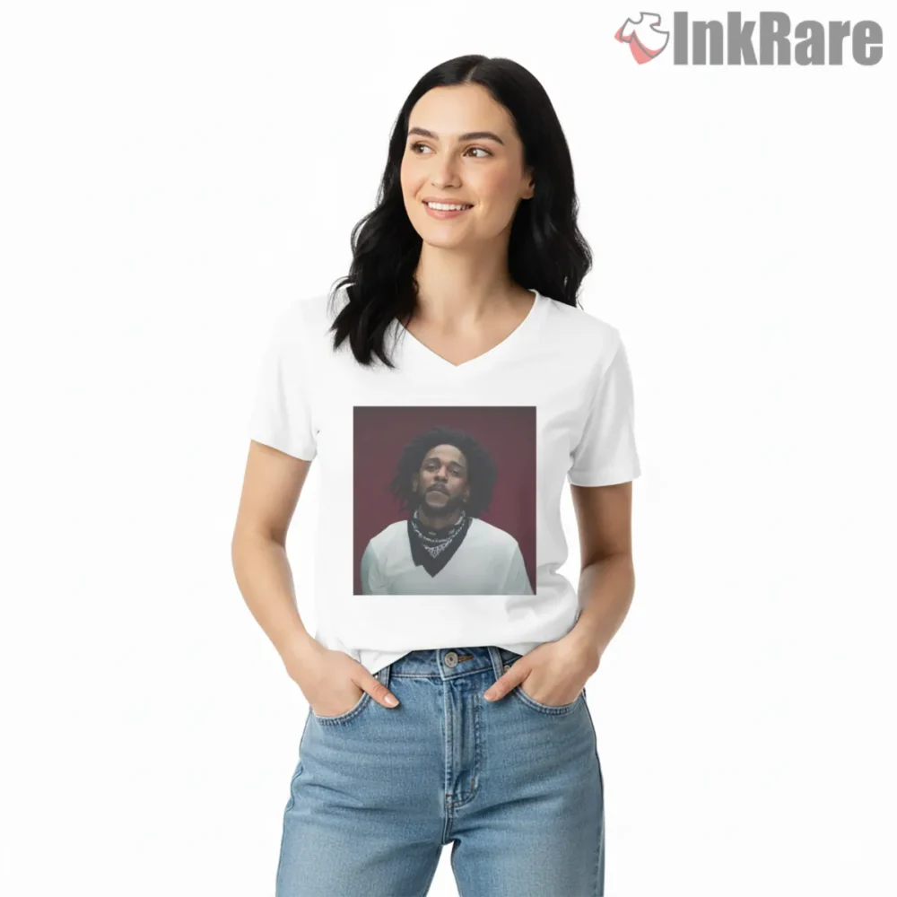 Kendrick Lamar Red Studio Portrait Mood Lighting Shirt on white v-neck shirt for women graphic tee