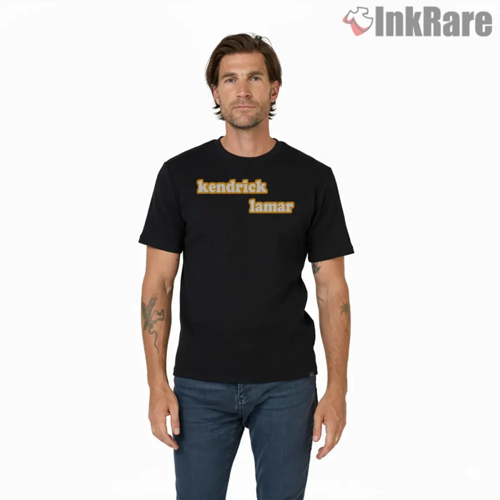 Kendrick Lamar Retro Orange Script Logo Shirt on black short sleeve shirt for men graphic tee