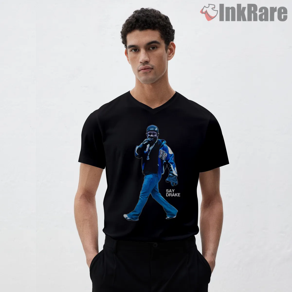 Kendrick Lamar Say Drake Meme Performance Pose V Neck Black Kendrick Lamar Say Drake Meme Performance Pose Shirt on black v-neck shirt for men graphic tee