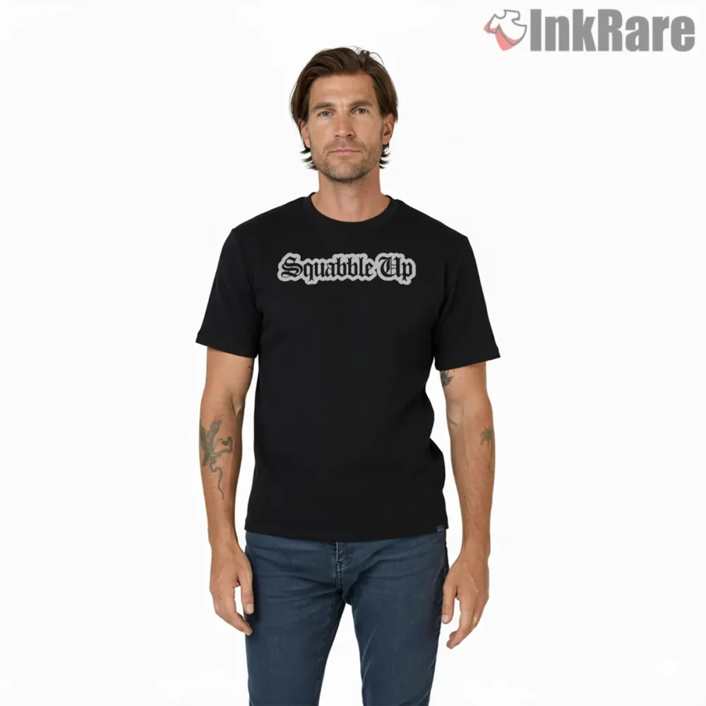 Kendrick Lamar Squabble Up Gothic Lettering Logo Shirt on black short sleeve shirt for men graphic tee