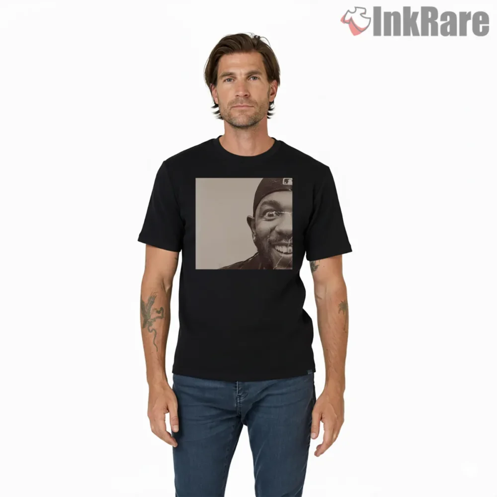 Kendrick Lamar The Boogeyman Distressed Photo Smile Shirt on black short sleeve shirt for men graphic tee