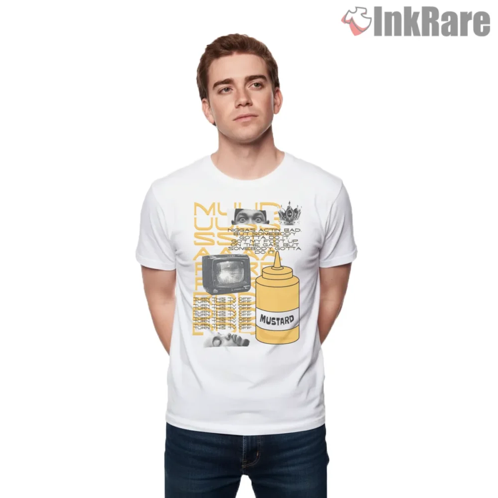 Kendrick Lamar Tv Off Mustard Meme Collage Shirt on white short sleeve shirt for men graphic tee