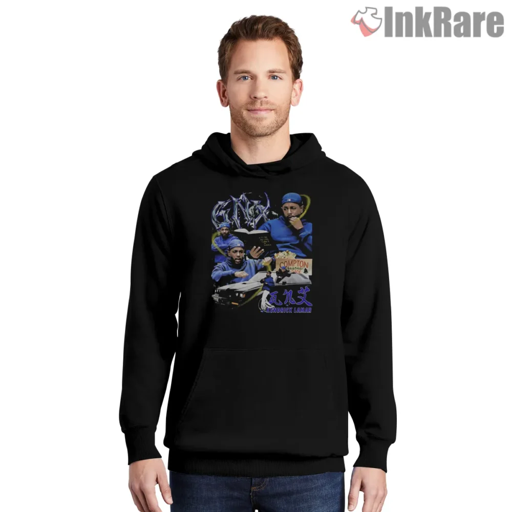 Kendrick Lamar Vintage Bootleg Compton Shirt on black hoodie for men graphic tee