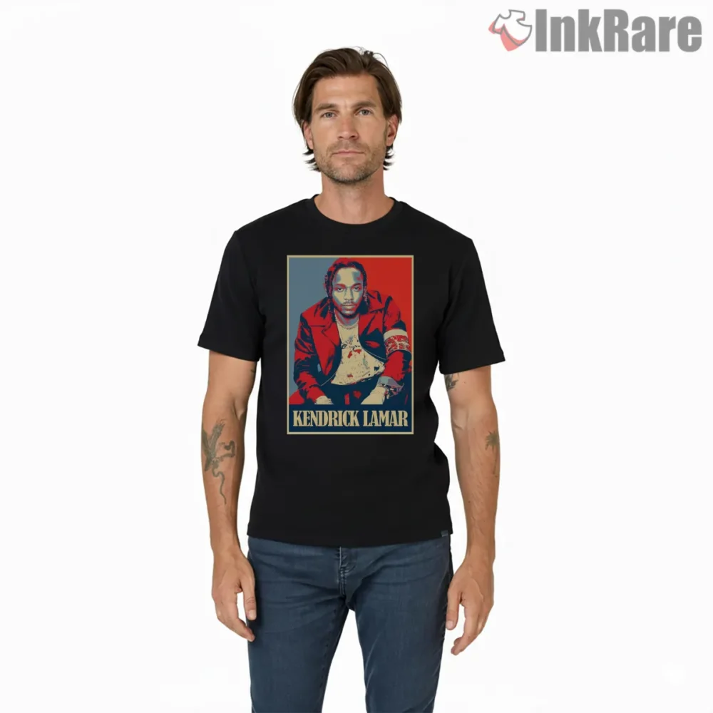 Kendrick Lamar Vintage Red Jacket Framed Portrait Shirt on black short sleeve shirt for men graphic tee