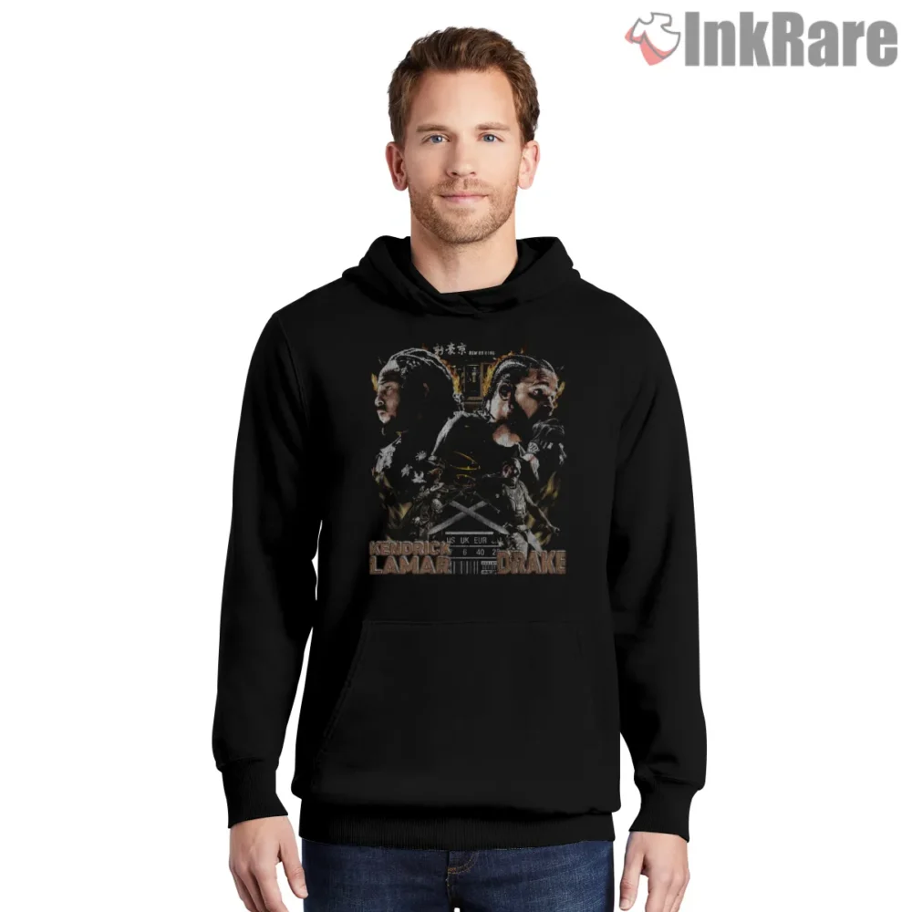 Kendrick Lamar Vs Drake Diss Battle Vintage Collage Shirt on black hoodie for men graphic tee