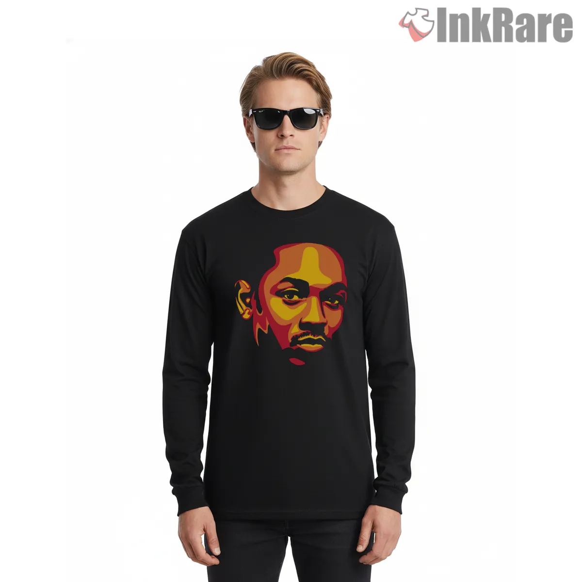 Kendrick Lamar Warm Tone Pop Art Portrait Shirt on black long sleeve shirt for men graphic tee