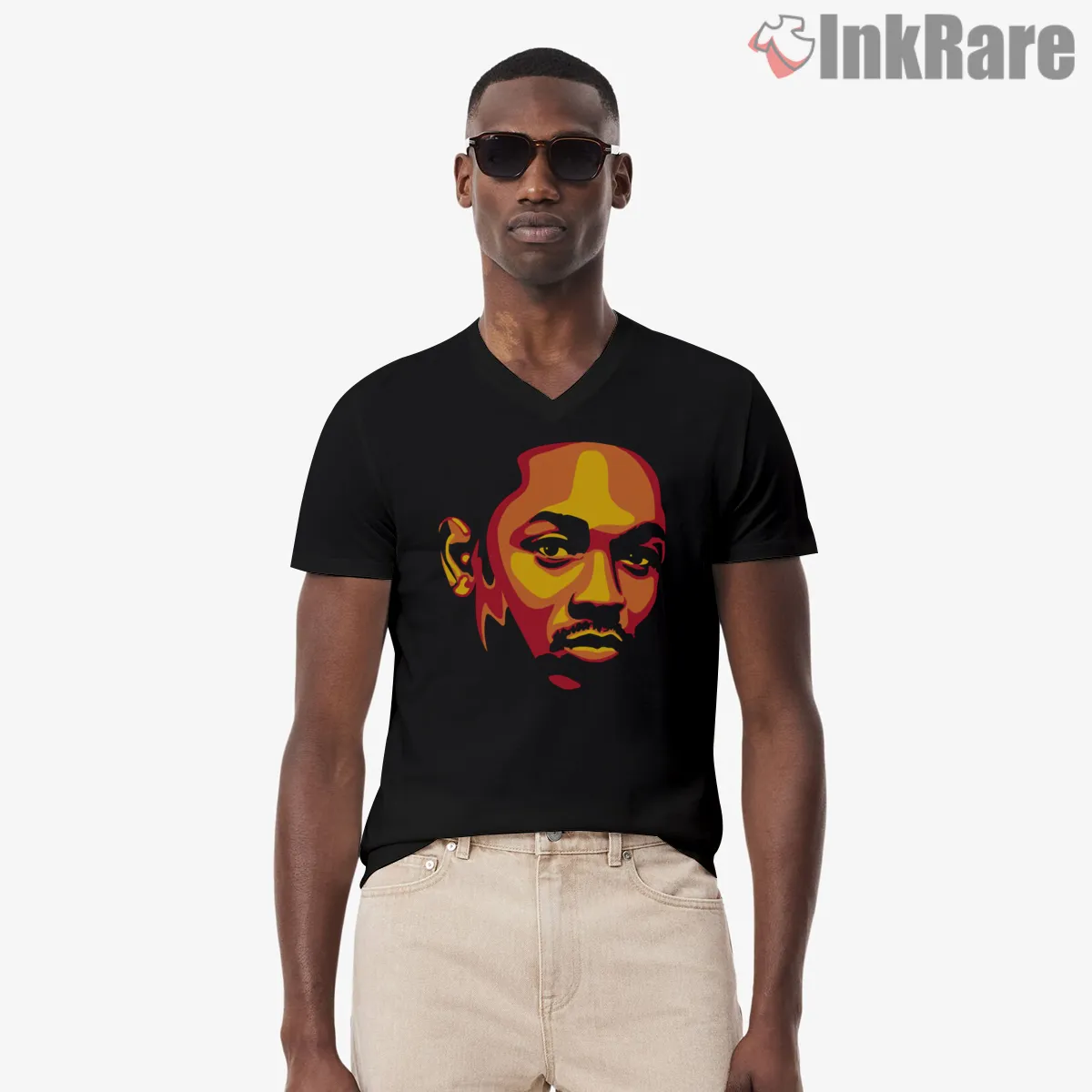 Kendrick Lamar Warm Tone Pop Art Portrait V Neck Black Kendrick Lamar Warm Tone Pop Art Portrait Shirt on black v-neck shirt for men graphic tee
