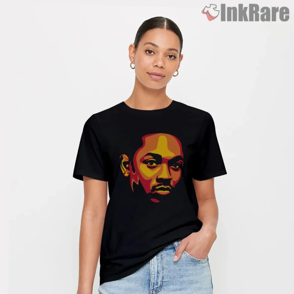 Kendrick Lamar Warm Tone Pop Art Portrait Shirt on black short sleeve shirt for women graphic tee
