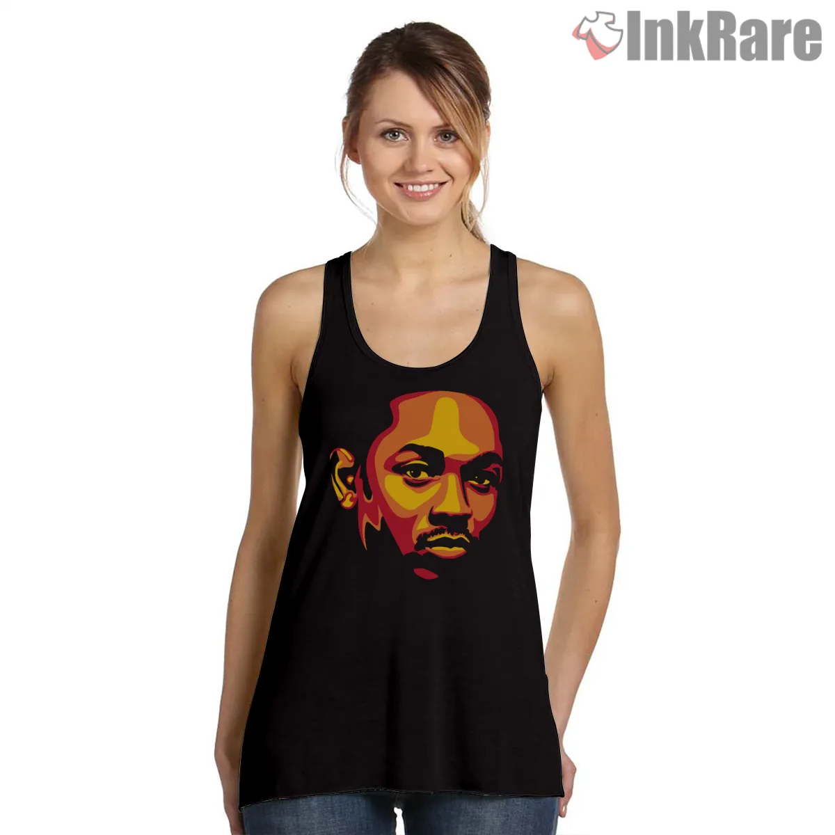 Kendrick Lamar Warm Tone Pop Art Portrait Tank Top Black Kendrick Lamar Warm Tone Pop Art Portrait Shirt on black tank top for women graphic tee