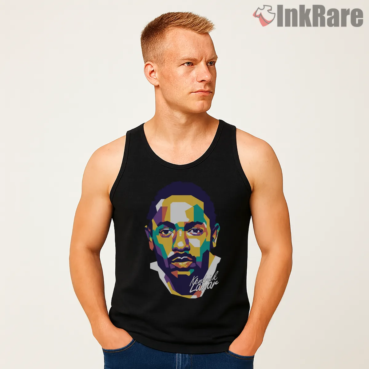 Kendrick Lamar Wpap Neon Block Color Portrait Tank Top Black Kendrick Lamar Wpap Neon Block Color Portrait Shirt on black tank top for men graphic tee