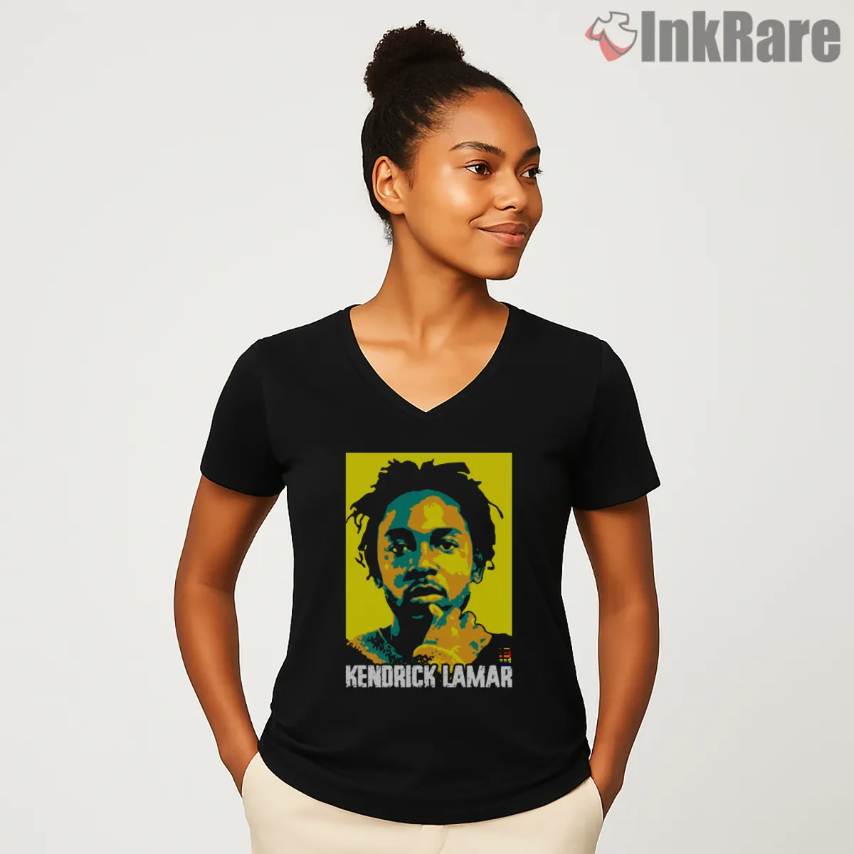 Kendrick Lamar Yellow Poster Style Graphic Art V Neck Black Kendrick Lamar Yellow Poster Style Graphic Art Shirt on black v-neck shirt for women graphic tee