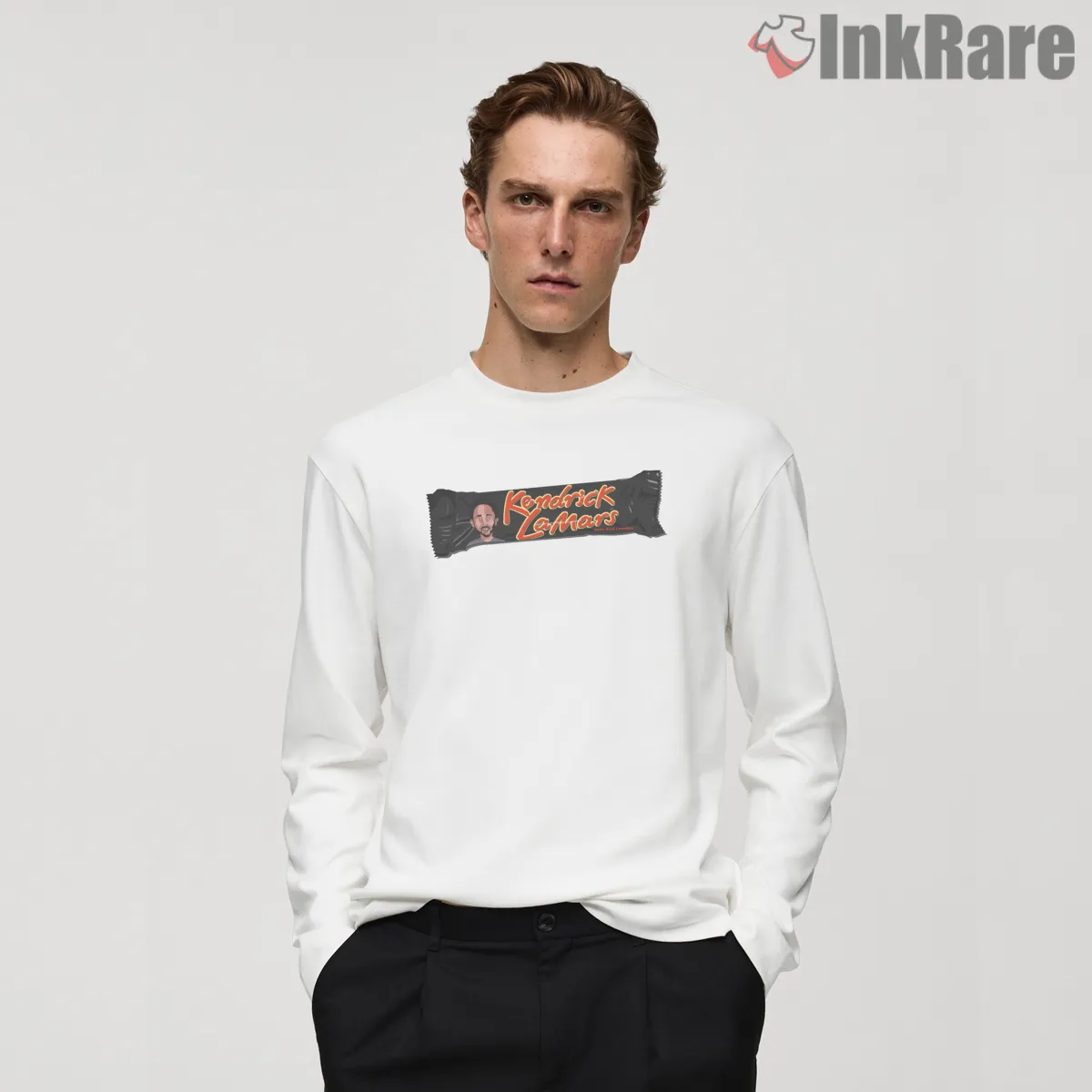 Kendrick Lamars Candy Bar Parody Wrapper Shirt on white long sleeve shirt for men graphic tee
