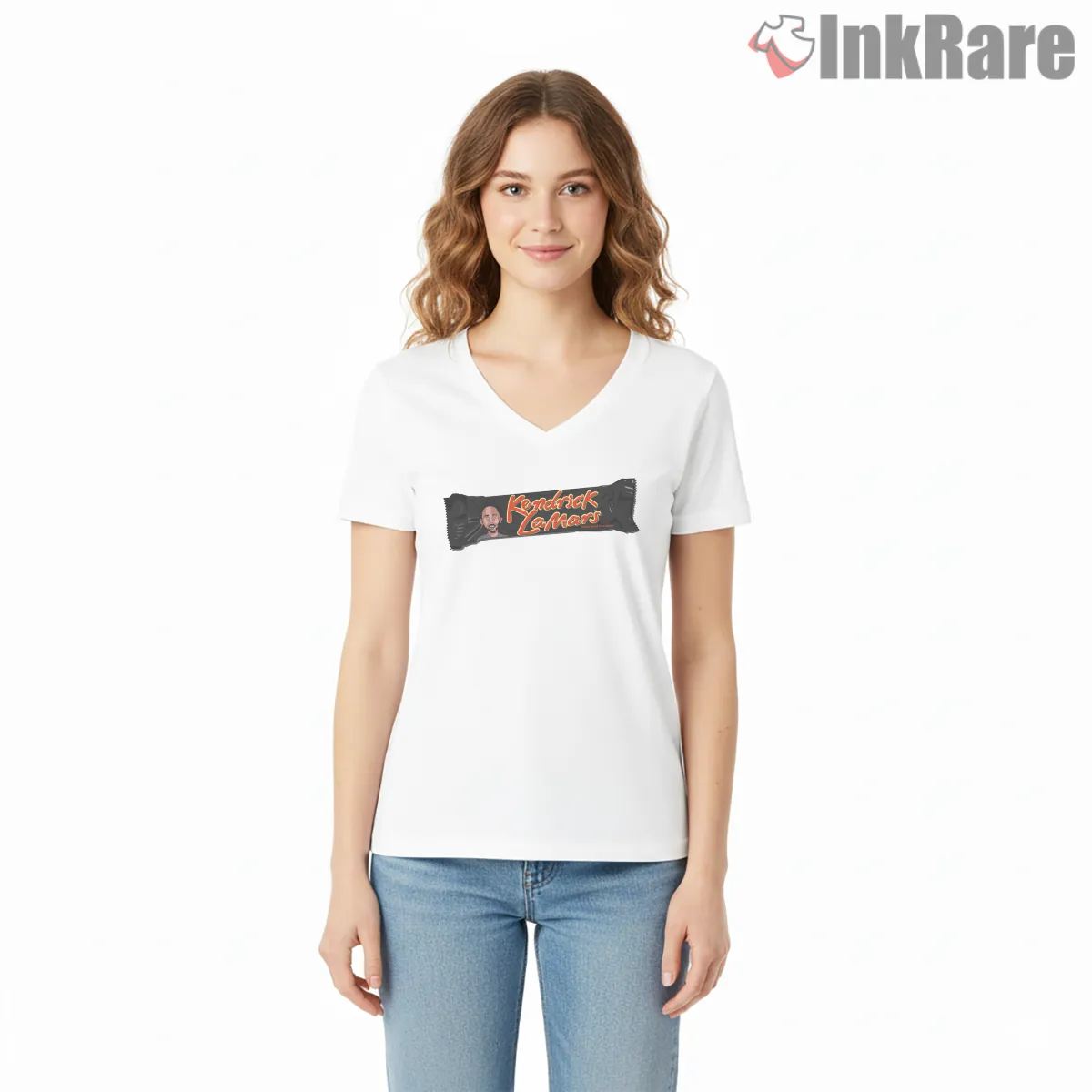 Kendrick Lamars Candy Bar Parody Wrapper V Neck White Kendrick Lamars Candy Bar Parody Wrapper Shirt on white v-neck shirt for women graphic tee