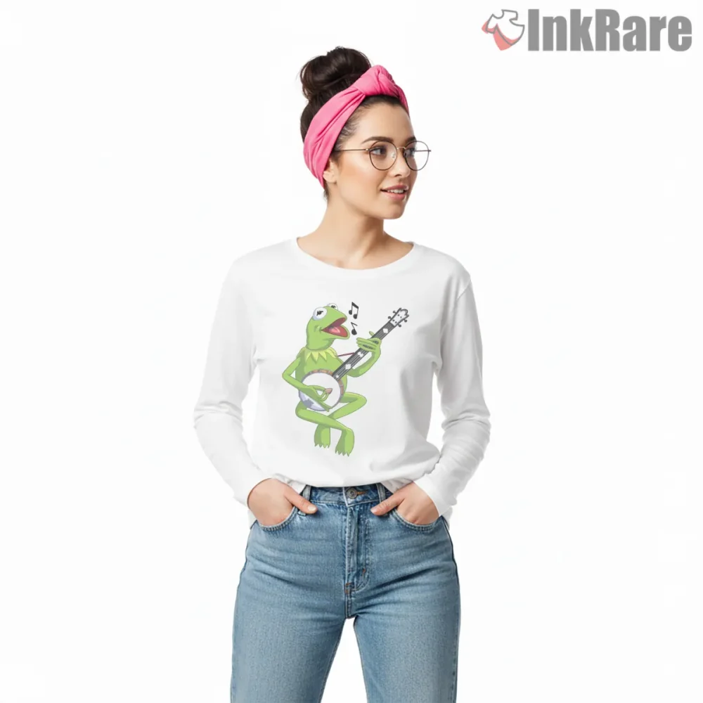 Kermit Banjo Music Performance Classic Cartoon Shirt on white long sleeve shirt for women graphic tee