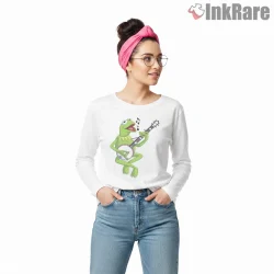 Kermit Banjo Music Performance Classic Cartoon Shirt on white long sleeve shirt for women graphic tee
