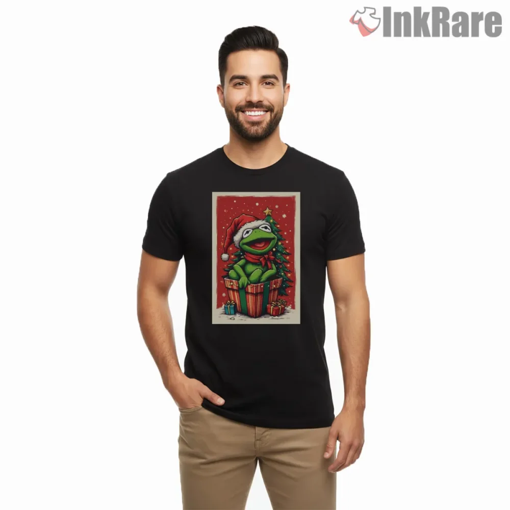 Kermit Christmas Gift Box Holiday Festive Cartoon Shirt on black short sleeve shirt for men graphic tee
