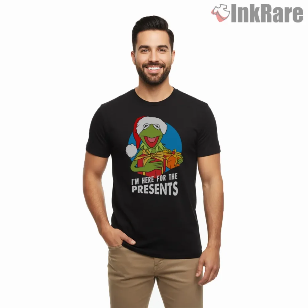Kermit Christmas Presents Holiday Santa Cartoon Shirt on black short sleeve shirt for men graphic tee