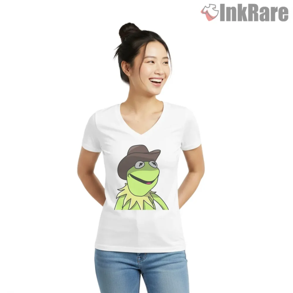 Kermit Cowboy Hat Western Portrait Cartoon Shirt on white v-neck shirt for women graphic tee