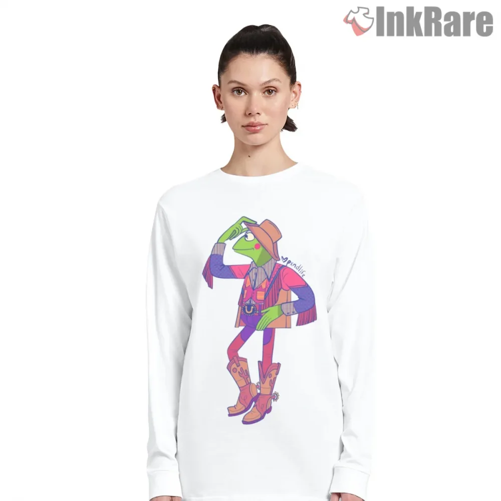Kermit Cowboy Outfit Western Meme Style Shirt on white long sleeve shirt for women graphic tee