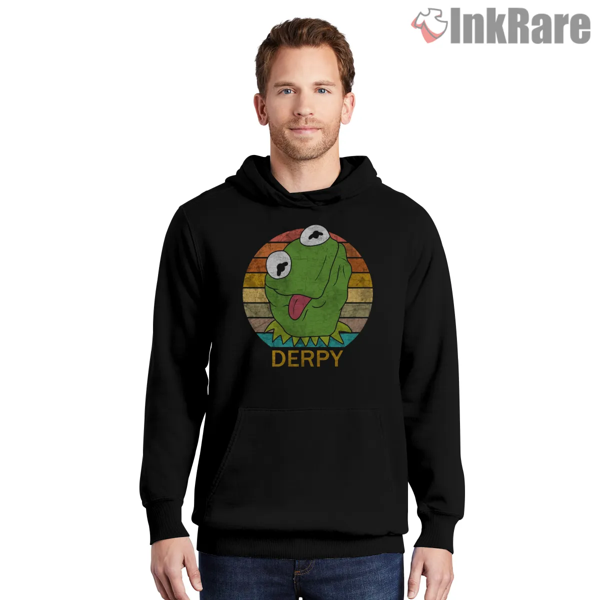 Kermit Derpy Face Retro Sunset Funny Cartoon Hoodie Black Kermit Derpy Face Retro Sunset Funny Cartoon Shirt on black hoodie for men graphic tee