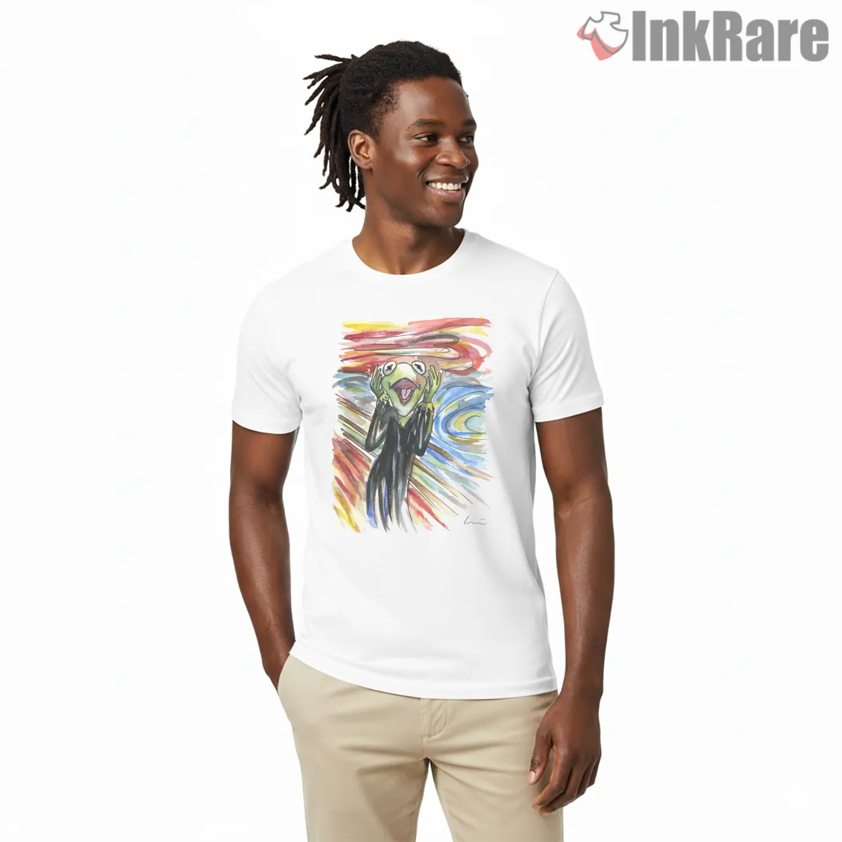 Kermit Expressionist Scream Art Style Short Sleeve White Kermit Expressionist Scream Art Style Shirt on white short sleeve shirt for men graphic tee