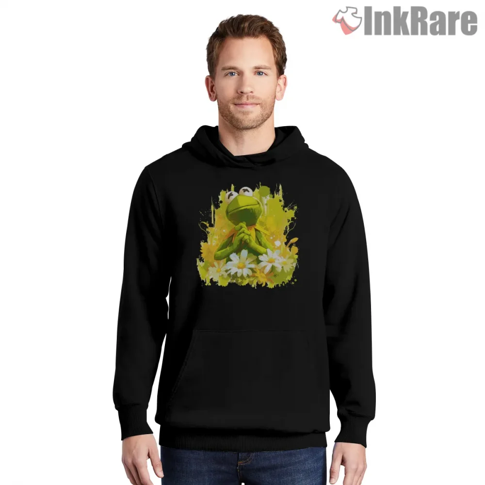 Kermit Floral Glow Artistic Cartoon Splash Shirt on black hoodie for men graphic tee