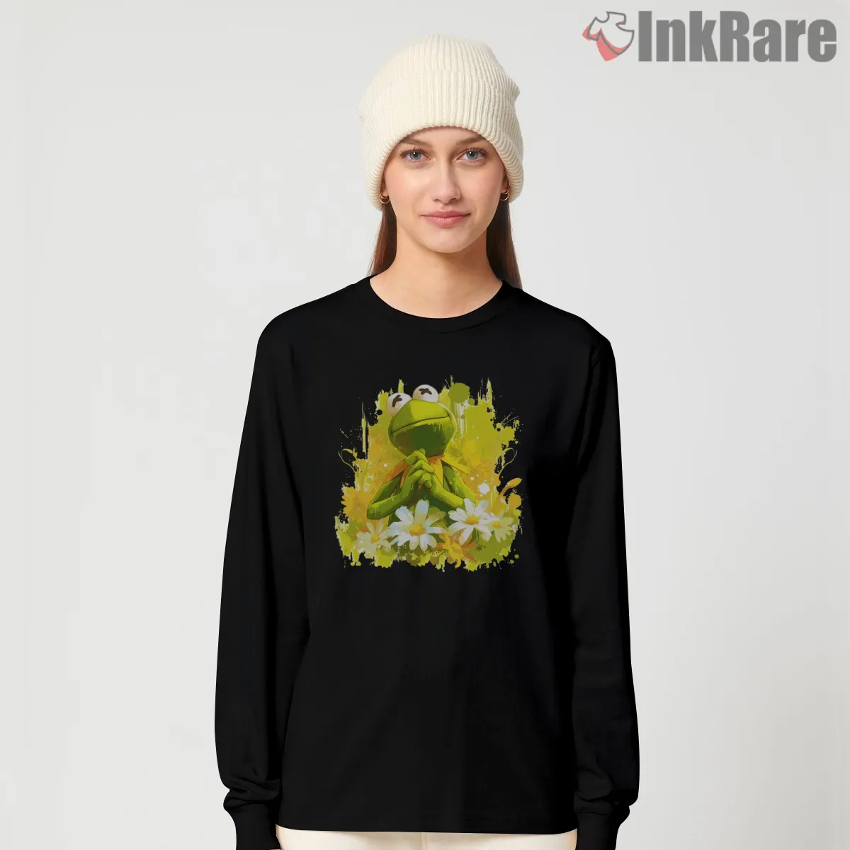 Kermit Floral Glow Artistic Cartoon Splash Long Sleeve Black Kermit Floral Glow Artistic Cartoon Splash Shirt on black long sleeve shirt for women graphic tee