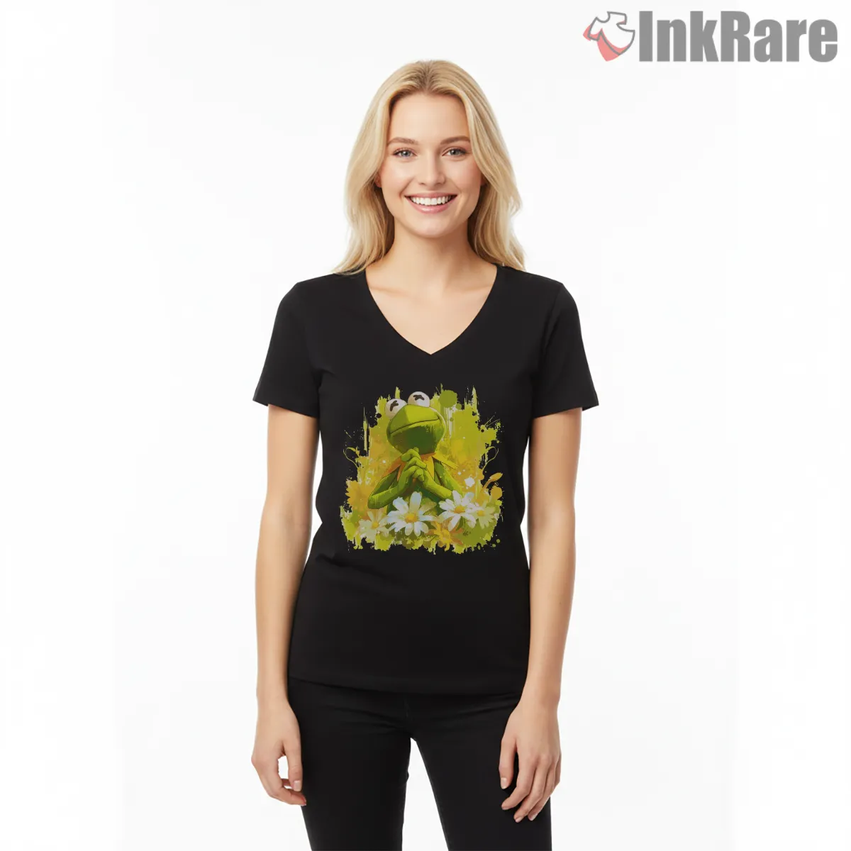 Kermit Floral Glow Artistic Cartoon Splash V Neck Black Kermit Floral Glow Artistic Cartoon Splash Shirt on black v-neck shirt for women graphic tee