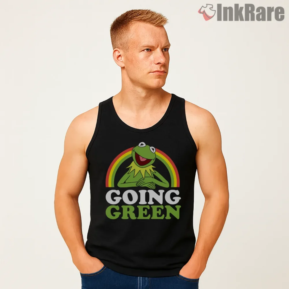 Kermit Going Green Rainbow Circle Eco Cartoon Shirt on black tank top for men graphic tee