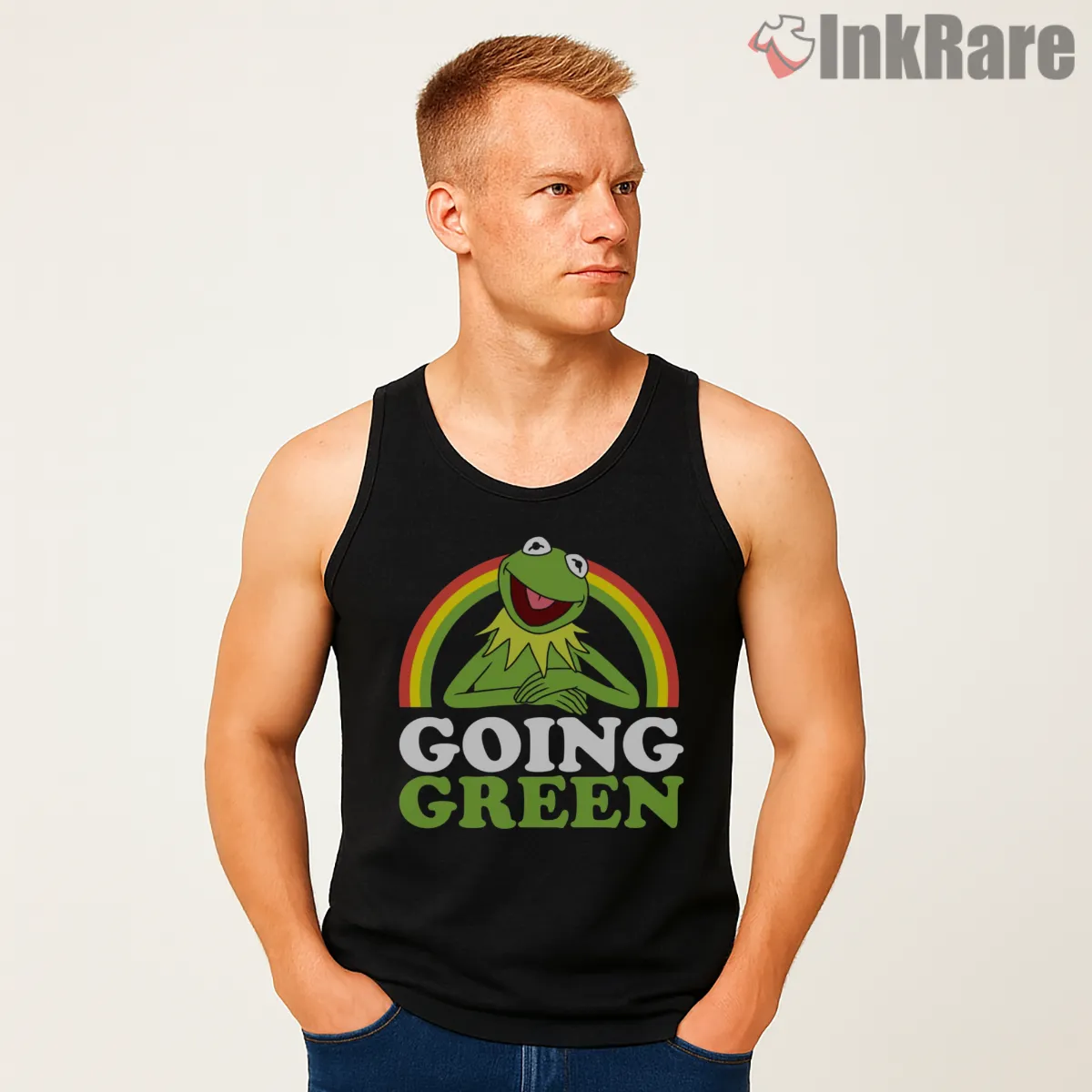 Kermit Going Green Rainbow Circle Eco Cartoon Tank Top Black Kermit Going Green Rainbow Circle Eco Cartoon Shirt on black tank top for men graphic tee