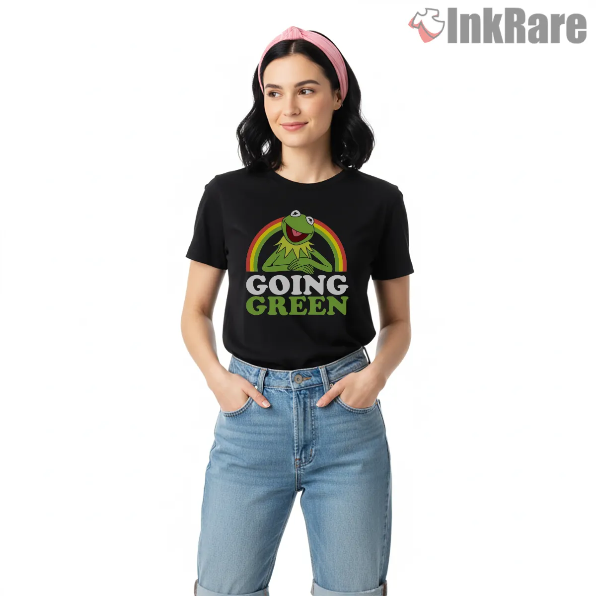 Kermit Going Green Rainbow Circle Eco Cartoon Short Sleeve Black Kermit Going Green Rainbow Circle Eco Cartoon Shirt on black short sleeve shirt for women graphic tee