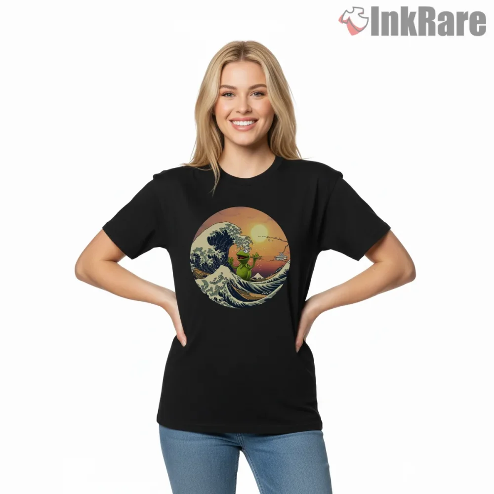 Kermit Great Wave Japanese Art Parody Ocean Scene Shirt on black short sleeve shirt for women graphic tee