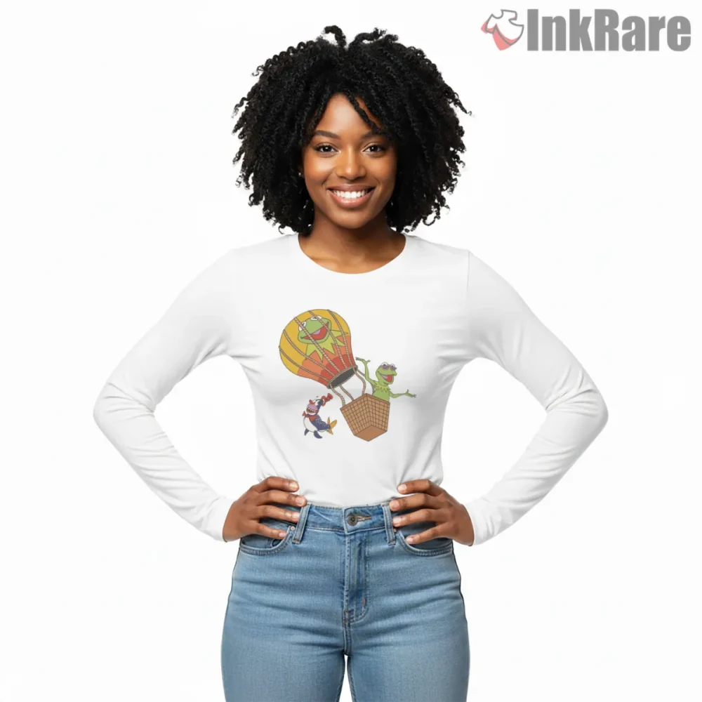 Kermit Hot Air Balloon Adventure Vintage Disney Style Shirt on white long sleeve shirt for women graphic tee