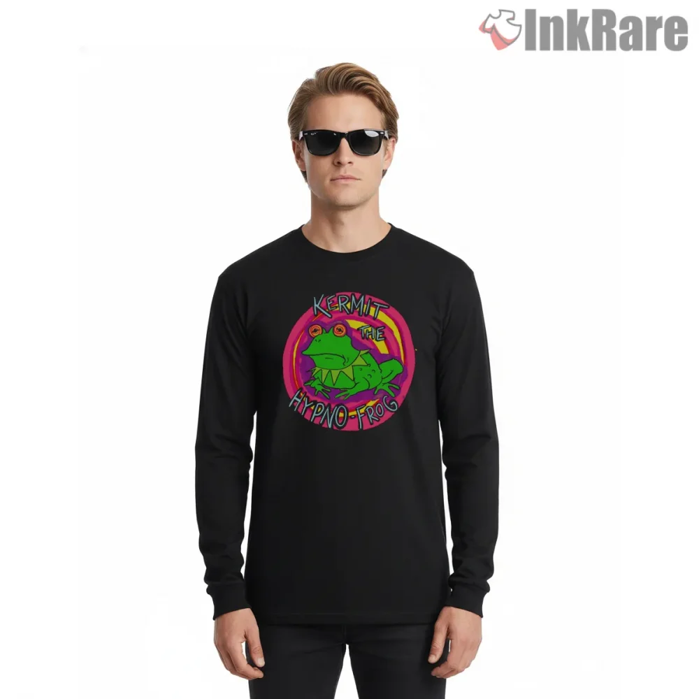 Kermit Hypno Frog Psychedelic Neon Cartoon Shirt on black long sleeve shirt for men graphic tee
