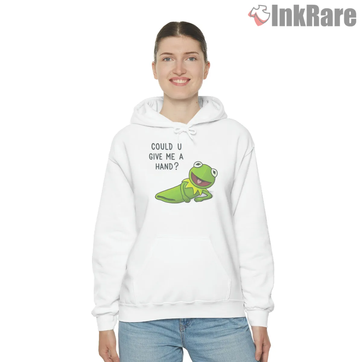 Kermit I Need A Hand Funny Meme Cartoon Hoodie White Kermit I Need A Hand Funny Meme Cartoon Shirt on white hoodie for women graphic tee